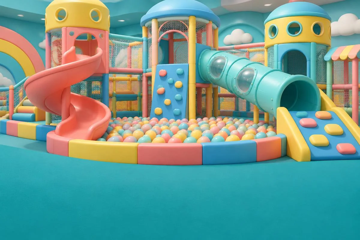 Illustrated colorful slides, climbing towers and a ball pit